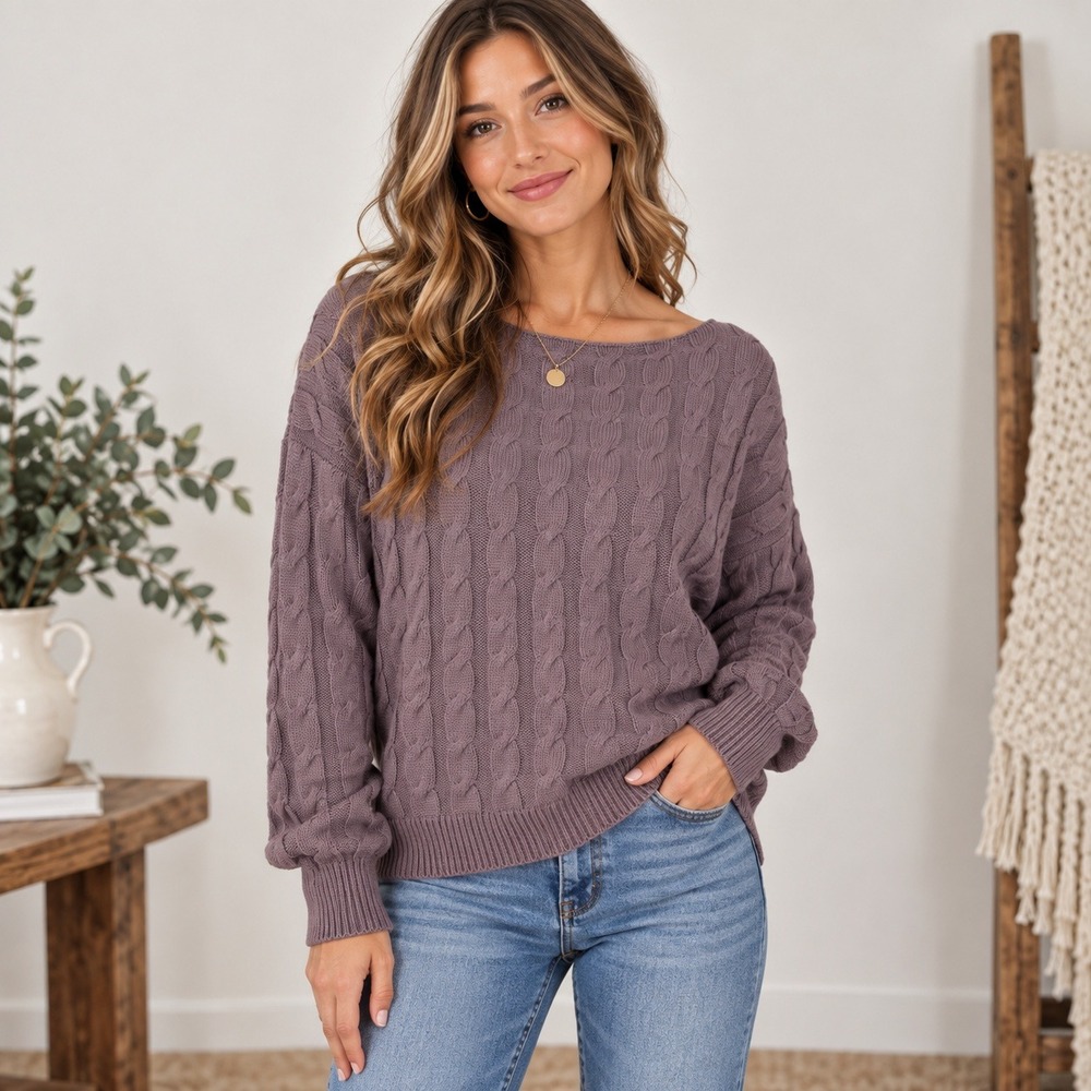 Main Strip Sweater Purple Cable Knit Oversized Boat Neck Classic Minimalist L/XL